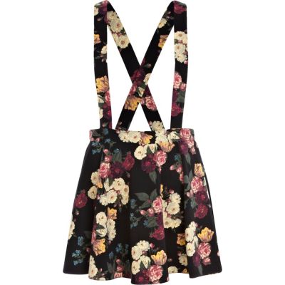 Black floral print dungaree skater skirt