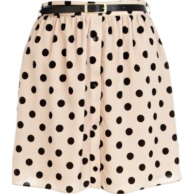 Beige polka dot button through mini skirt
