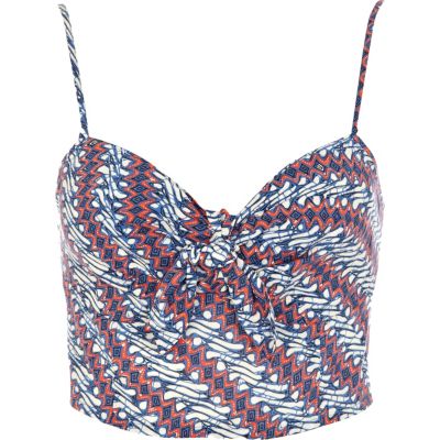 Blue abstract print bow front bralet