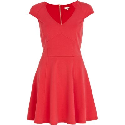 Coral cap sleeve panelled skater dress