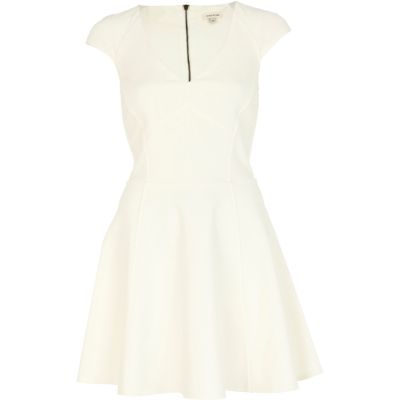 Cream cap sleeve panelled skater dress