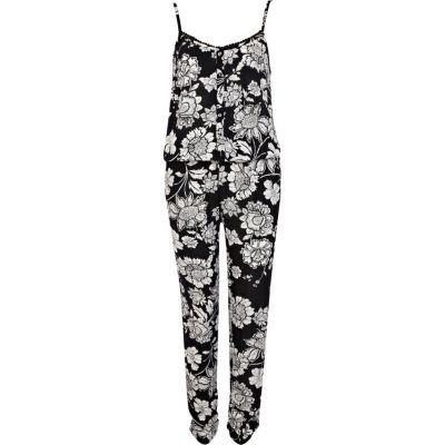 Black floral print cami jumpsuit