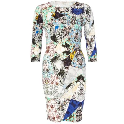 Blue abstract print 3/4 sleeve bodycon dress