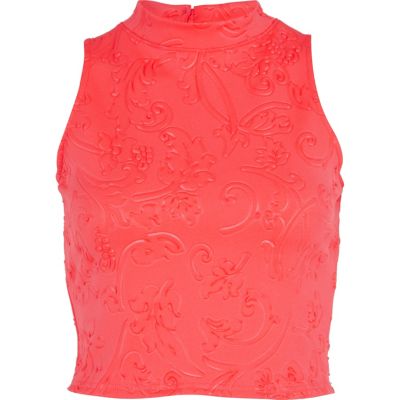 Coral embossed pattern turtle neck crop top