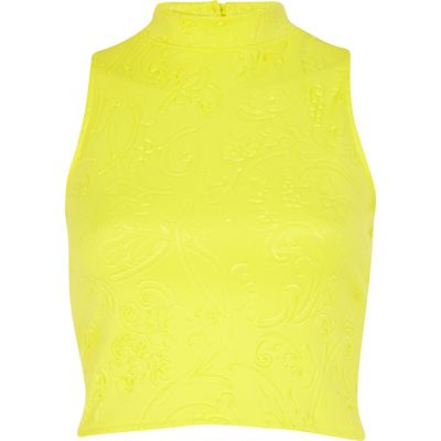 Yellow embossed pattern turtle neck crop top 