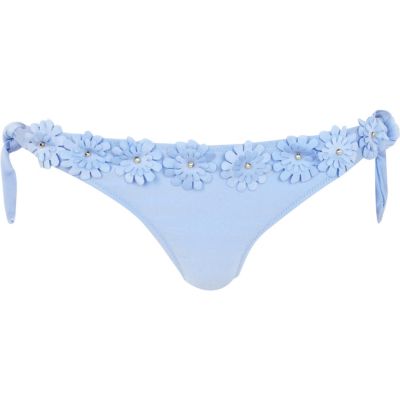 Light blue 3D flower tie side bikini bottoms