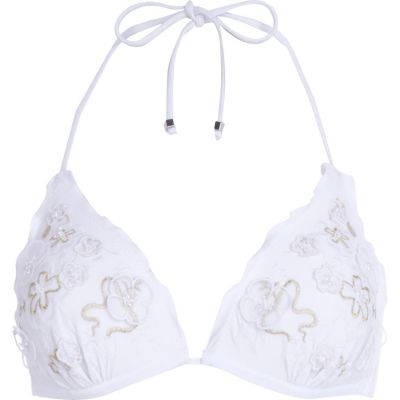 White 3D flower embellished bikini top
