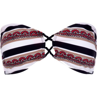 Black fan print stripe bandeau bikini top