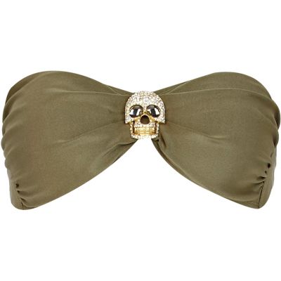 Khaki diamante skull bandeau bikini top