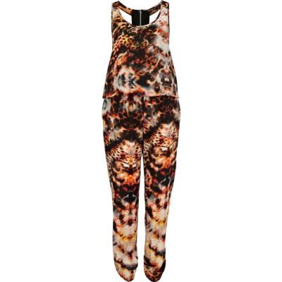Orange abstract print racer back jumpsuit