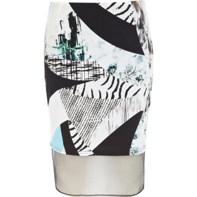 White print block mesh insert pencil skirt