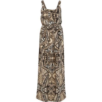 Black and beige printed dungaree maxi dress