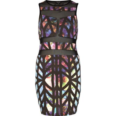 Purple print sheer panel bodycon dress 