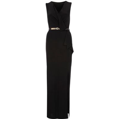 Black wrap front belted maxi dress 