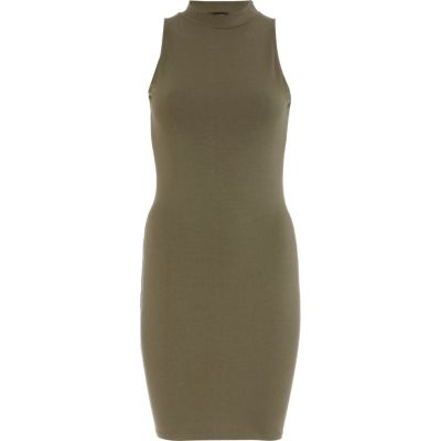 Khaki turtle neck sleeveless bodycon dress