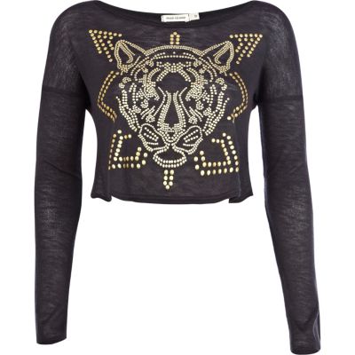 Grey tiger embellished crop top 