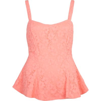 Fluro pink lace flute hem peplum top