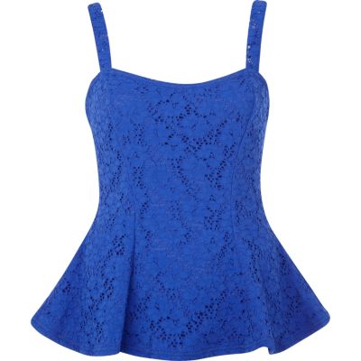 Blue lace flute hem peplum top