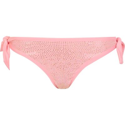 Pink diamante tie side bikini bottoms