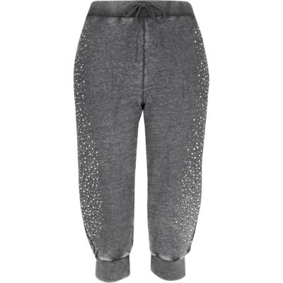 Grey diamante embellished cropped joggers