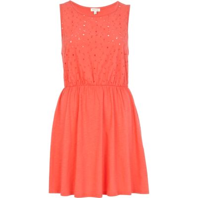 Coral broderie front sleeveless dress