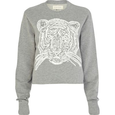 Grey Tiger print cropped sweatshirt