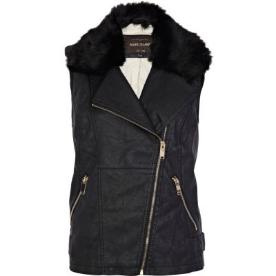 Black faux fur collar biker gilet