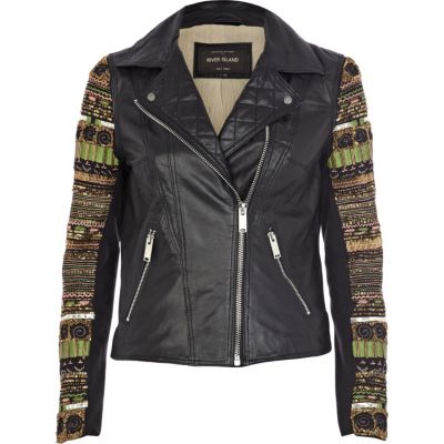 Black leather embellished sleeve biker jacket