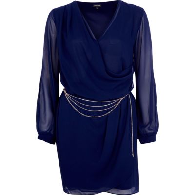 Navy sheer chain belt wrap dress