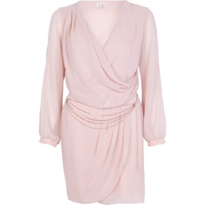 Beige sheer chain belt wrap dress