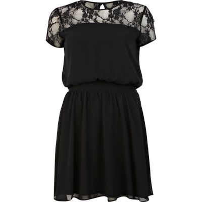 Black lace insert short sleeve dress 