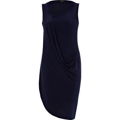 Navy blue draped front sleeveless dress