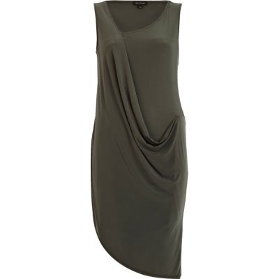 Khaki draped front sleeveless dress