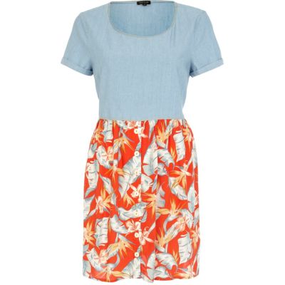 Red floral print and denim 2 in 1 dress