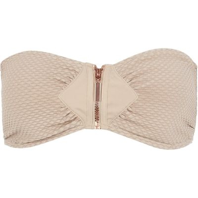 Beige textured bandeau bikini top