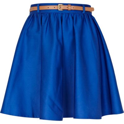 Bright blue belted skater skirt