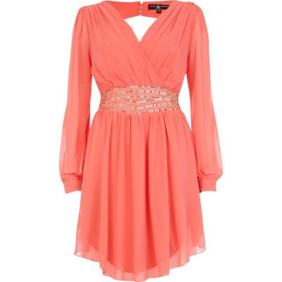Coral Little Mistress embellished wrap dress