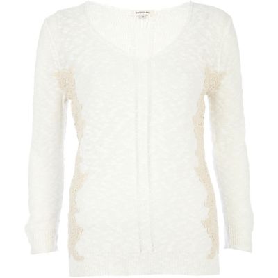 Cream lace insert V neck jumper