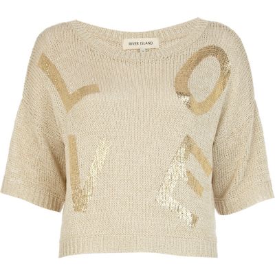 Beige Love foil print cropped jumper