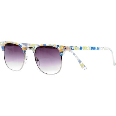 Metal floral print round retro sunglasses