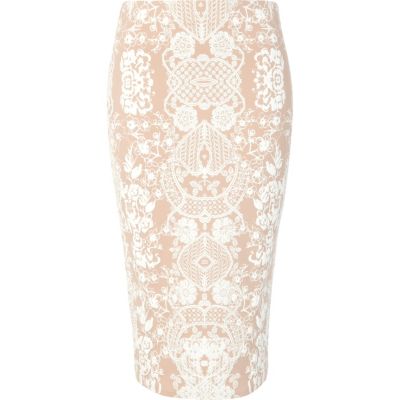 Beige symmetrical textured print pencil skirt