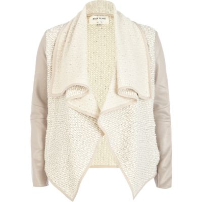 Cream boucle contrast sleeve waterfall jacket