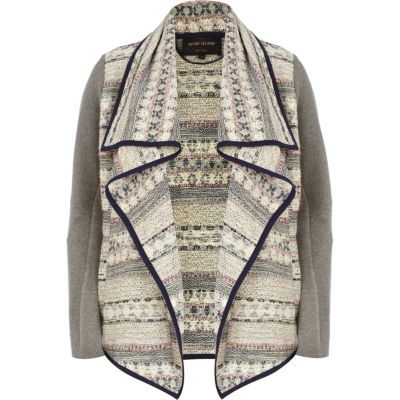 Blue boucle contrast sleeve waterfall jacket