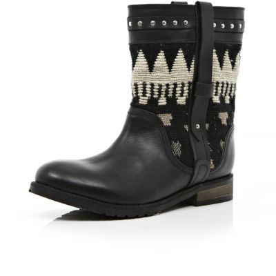Black aztec tapestry panel biker boots