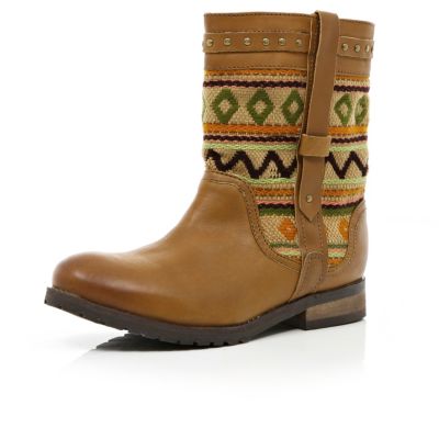 Brown aztec tapestry panel biker boots