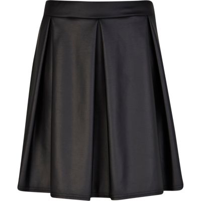 Black wet look pleated skater skirt