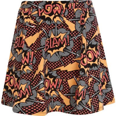 Coral cartoon pow print skater skirt
