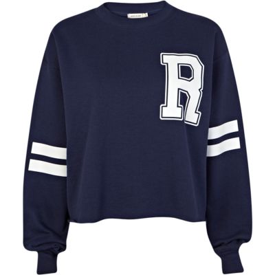 Navy R print stripe sleeve cropped sweatshirt