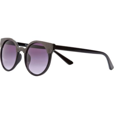 Black textured half frame round sunglasses
