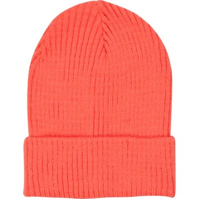 Coral knitted rib turn up beanie hat